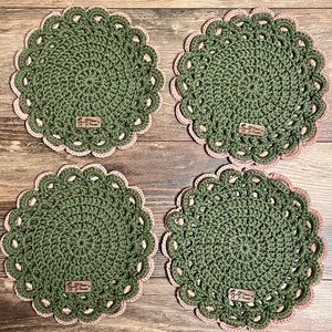 Set of 4 Handmade Green and Pink Crochet Placemat Doily / Decor Retro MCM Design